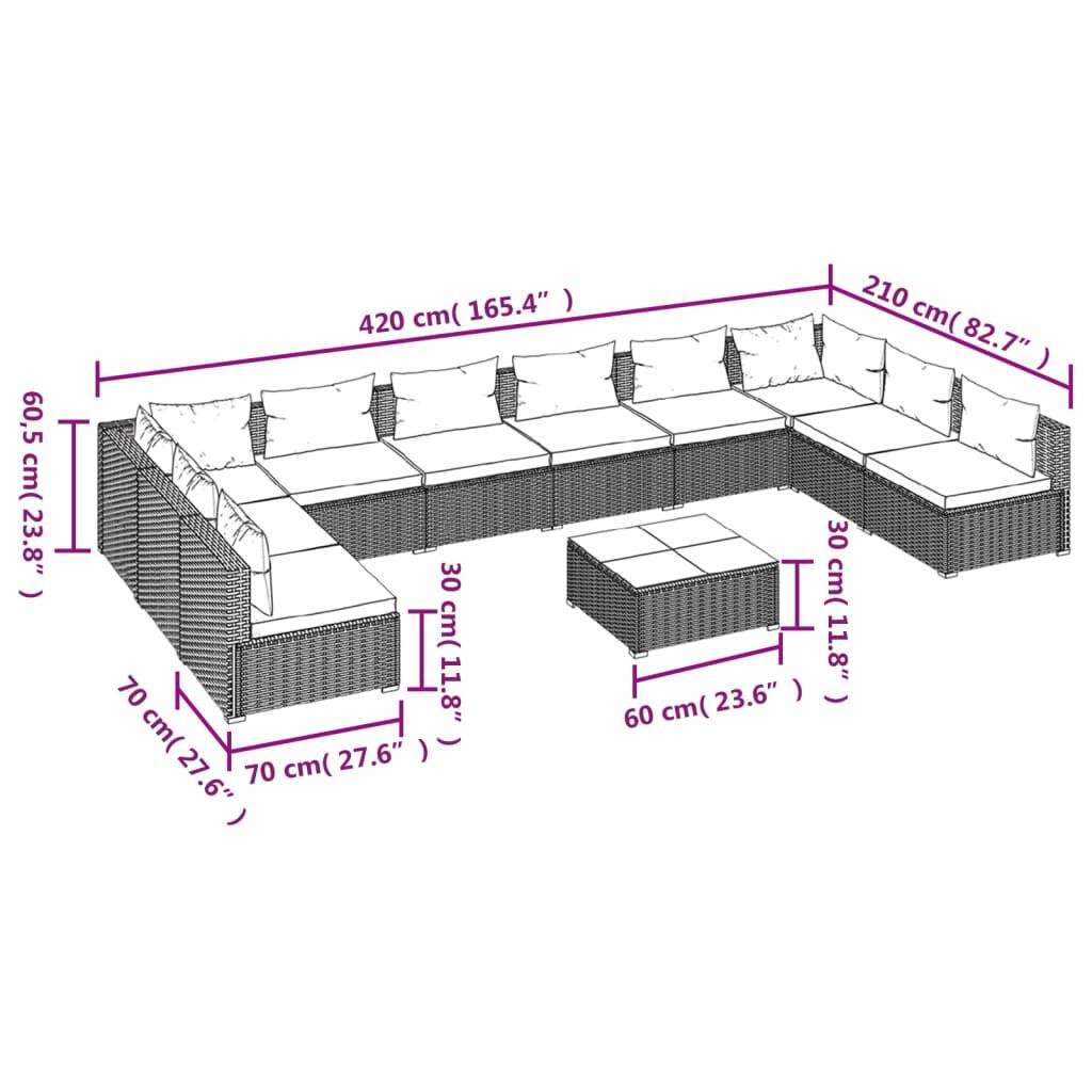 vidaXL 11 Piece Garden Lounge Set with Cushions Poly Rattan Grey