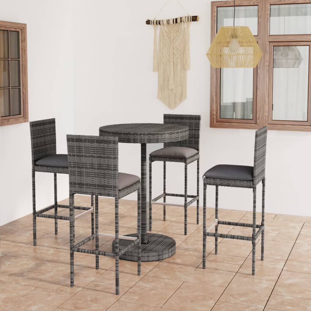 vidaXL 5 Piece Garden Bar Set with Cushions Poly Rattan Grey
