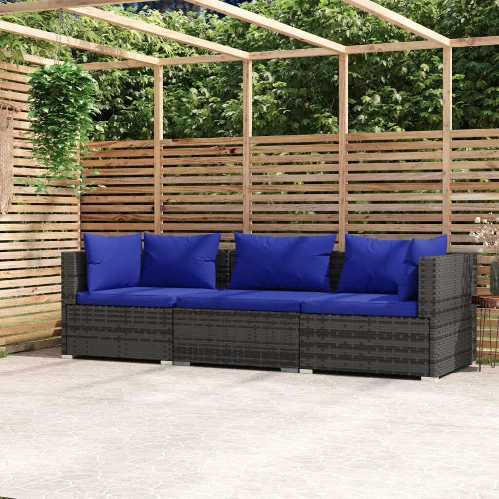 vidaXL 3-Seater Sofa with Cushions Grey Poly Rattan