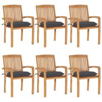 vidaXL Stacking Garden Chairs with Cushions 6 pcs Solid Teak Wood, anthracite vidaXL Stacking Garden Chairs with Cushions 6 pcs Solid Teak Wood