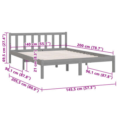 vidaXL Bed Frame without Mattress Grey Solid Wood 140x200 cm, grey vidaXL Bed Frame without Mattress Grey Solid Wood 140x200 cm