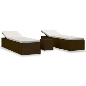 vidaXL 3 Piece Garden Sun Loungers with Tea Table Poly Rattan Brown