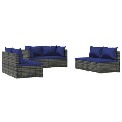 vidaXL 6 Piece Garden Lounge Set with Cushions Poly Rattan Grey, grey and dark blue vidaXL 6 Piece Garden Lounge Set with Cushions Poly Rattan Grey