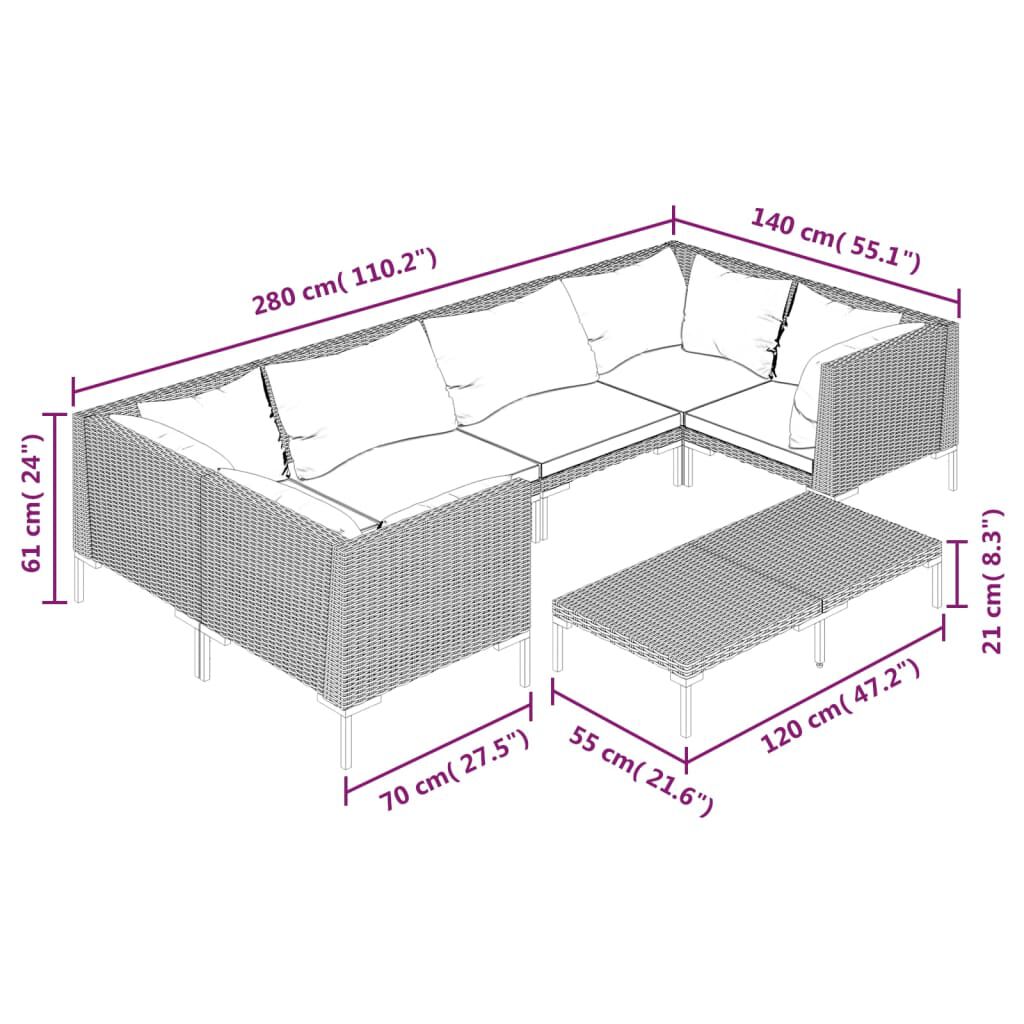 vidaXL 7 Piece Garden Lounge Set with Cushions Poly Rattan Dark Grey