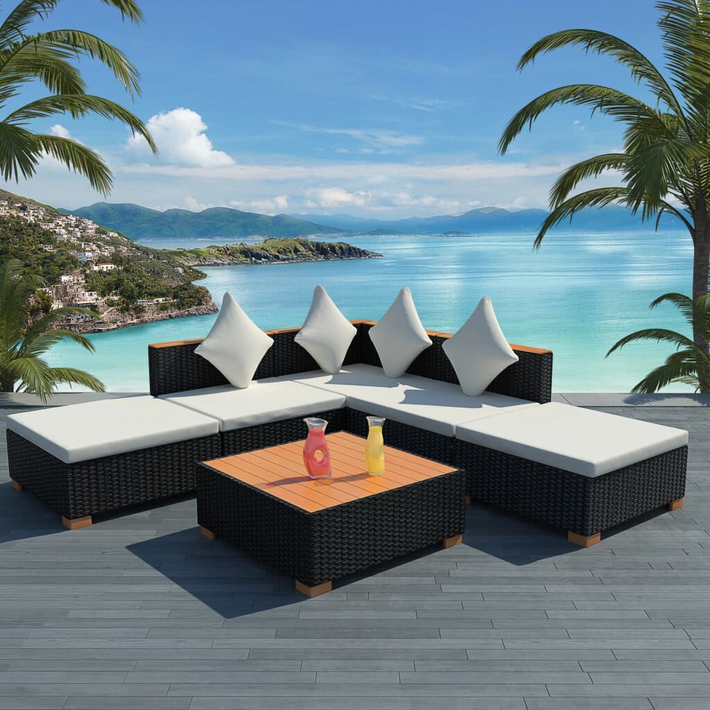 vidaXL 6 Piece Garden Lounge Set with Cushions Poly Rattan Black