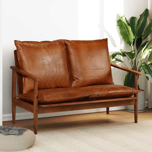 vidaXL 2-Seater Sofa Real Leather with Acacia Wood Brown