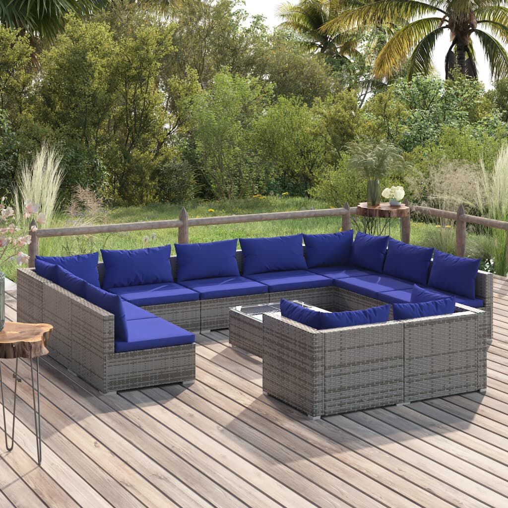 vidaXL 12 Piece Garden Lounge Set with Cushions Grey Poly Rattan