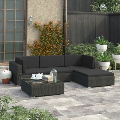 vidaXL 5 Piece Garden Lounge Set with Cushions Poly Rattan Black,  vidaXL 5 Piece Garden Lounge Set with Cushions Poly Rattan Black