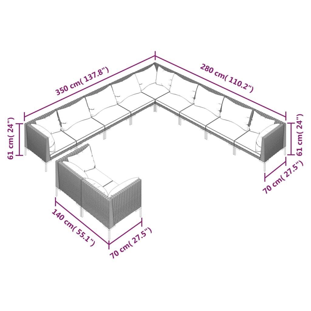vidaXL 11 Piece Garden Lounge Set with Cushions Poly Rattan Dark Grey