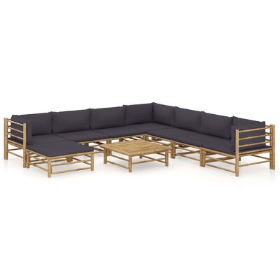 vidaXL 9 Piece Garden Lounge Set with Dark Grey Cushions Bamboo, dark grey vidaXL 9 Piece Garden Lounge Set with Dark Grey Cushions Bamboo
