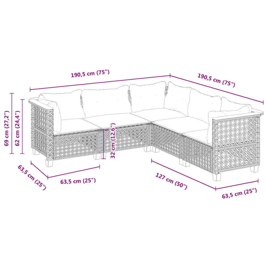vidaXL 5 Piece Garden Sofa Set with Cushions Grey Poly Rattan