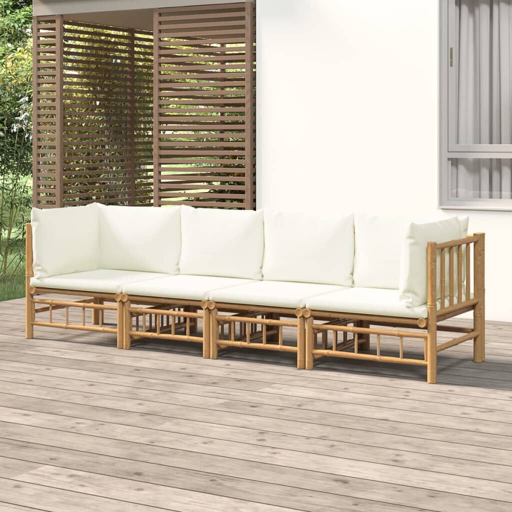 vidaXL 4 Piece Garden Lounge Set with Cream White Cushions Bamboo
