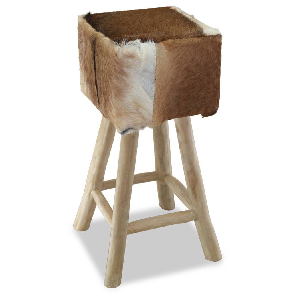 vidaXL Bar Stool Real Leather and Solid Teak Wood