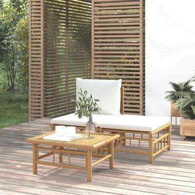 vidaXL 3 Piece Garden Lounge Set with Cream White Cushions Bamboo, cream vidaXL 3 Piece Garden Lounge Set with Cream White Cushions Bamboo