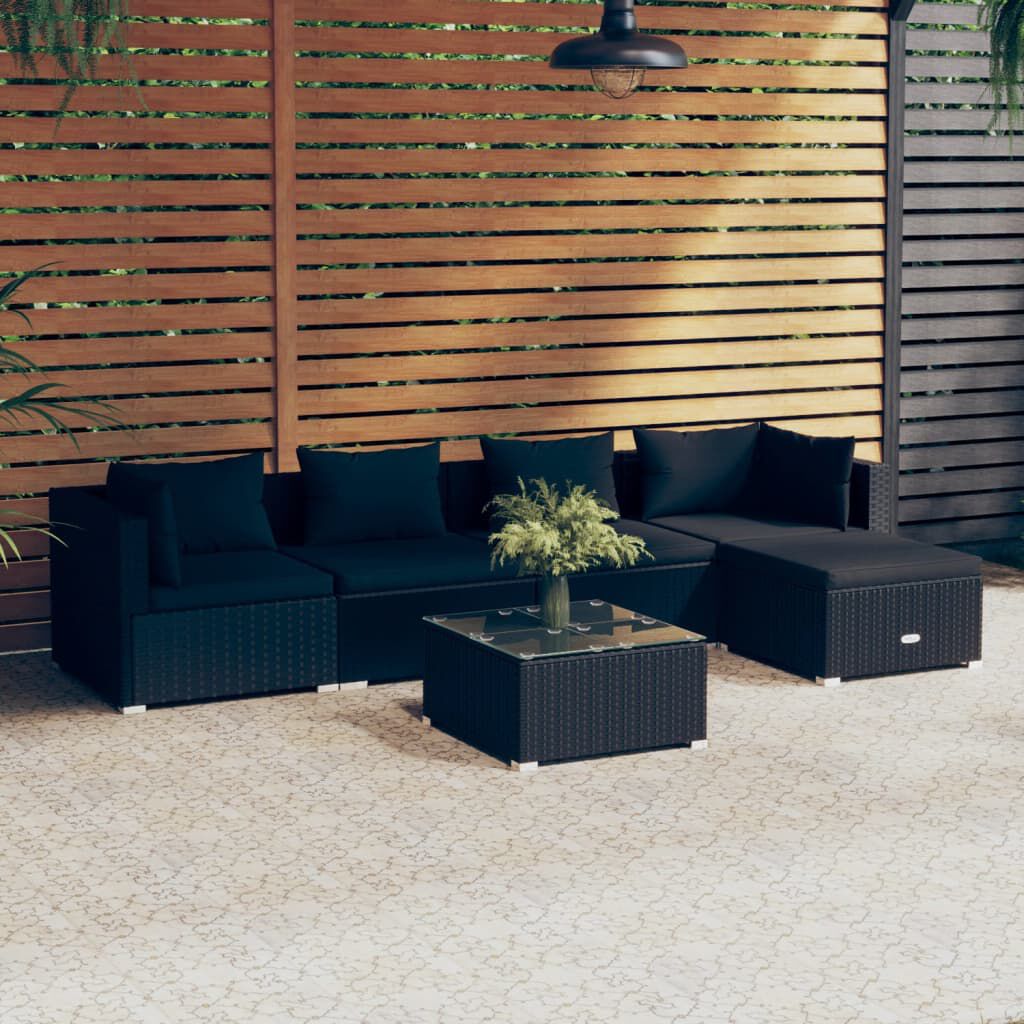 vidaXL 6 Piece Garden Lounge Set with Cushions Poly Rattan Black