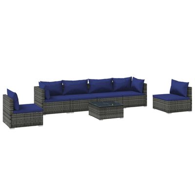 vidaXL 7 Piece Garden Lounge Set with Cushions Poly Rattan Grey, grey and dark blue vidaXL 7 Piece Garden Lounge Set with Cushions Poly Rattan Grey