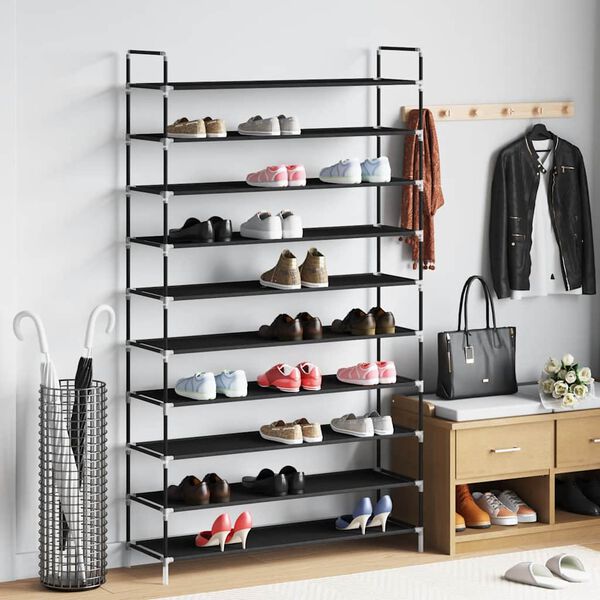 vidaXL Shoe Rack with 10 Shelves Metal and Non-woven Fabric Black