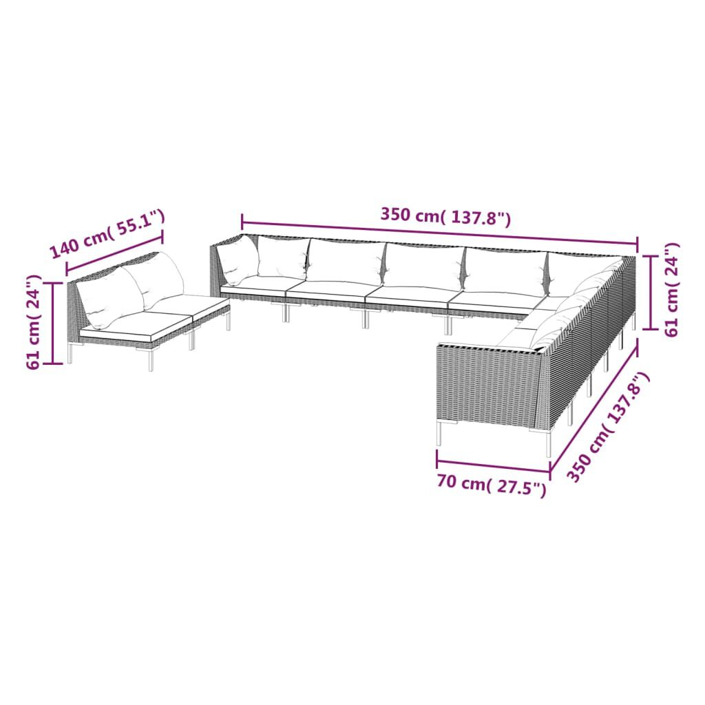 vidaXL 11 Piece Garden Lounge Set with Cushions Poly Rattan Dark Grey