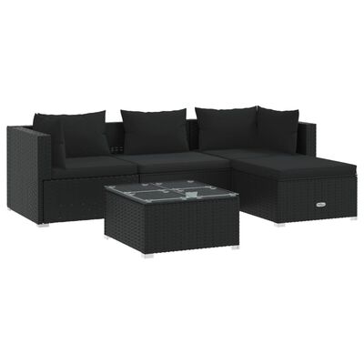 vidaXL 5 Piece Garden Lounge Set with Cushions Poly Rattan Black, black vidaXL 5 Piece Garden Lounge Set with Cushions Poly Rattan Black