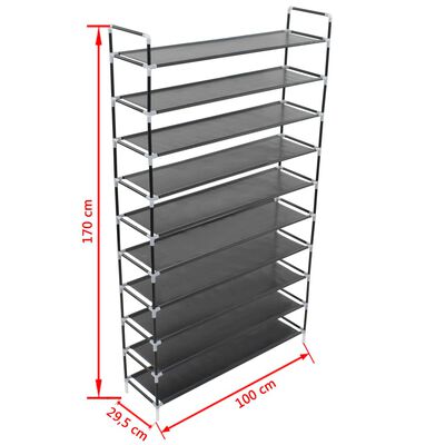 vidaXL Shoe Rack with 10 Shelves Metal and Non-woven Fabric Black, black vidaXL Shoe Rack with 10 Shelves Metal and Non-woven Fabric Black