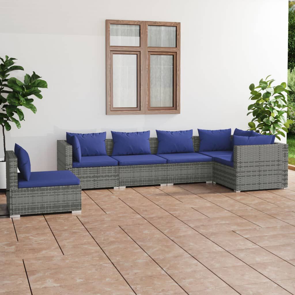vidaXL 6 Piece Garden Lounge Set with Cushions Poly Rattan Grey