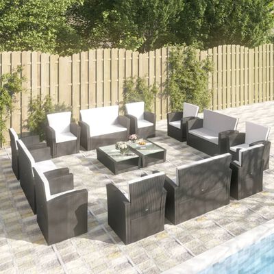 vidaXL 16 Piece Garden Lounge Set with Cushions Poly Rattan Black, black vidaXL 16 Piece Garden Lounge Set with Cushions Poly Rattan Black