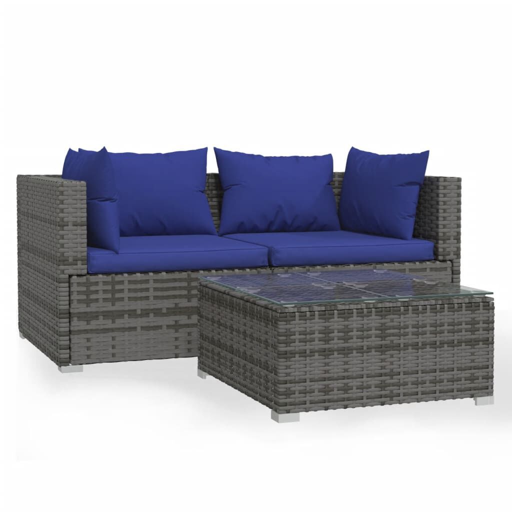 vidaXL 3 Piece Garden Lounge Set with Cushions Grey Poly Rattan