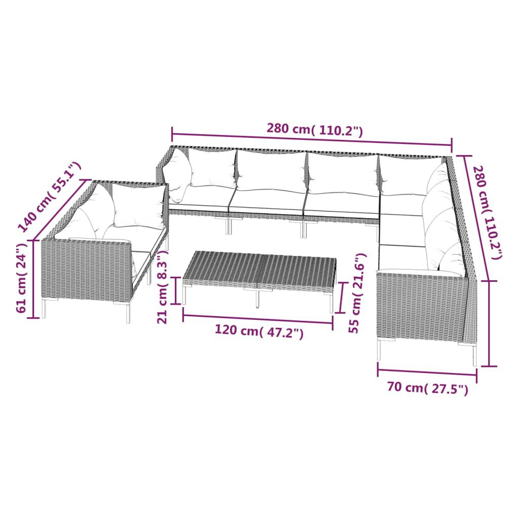 vidaXL 10 Piece Garden Lounge Set with Cushions Poly Rattan Dark Grey