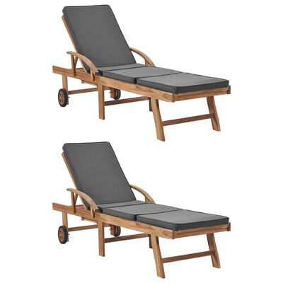 vidaXL Sun Loungers with Cushions 2 pcs Solid Teak Wood Dark Grey, dark grey vidaXL Sun Loungers with Cushions 2 pcs Solid Teak Wood Dark Grey