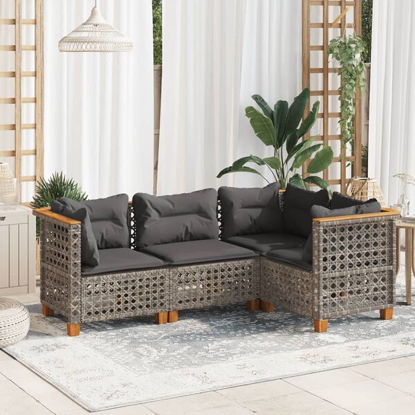 vidaXL 4 Piece Garden Sofa Set with Cushions Grey Poly Rattan