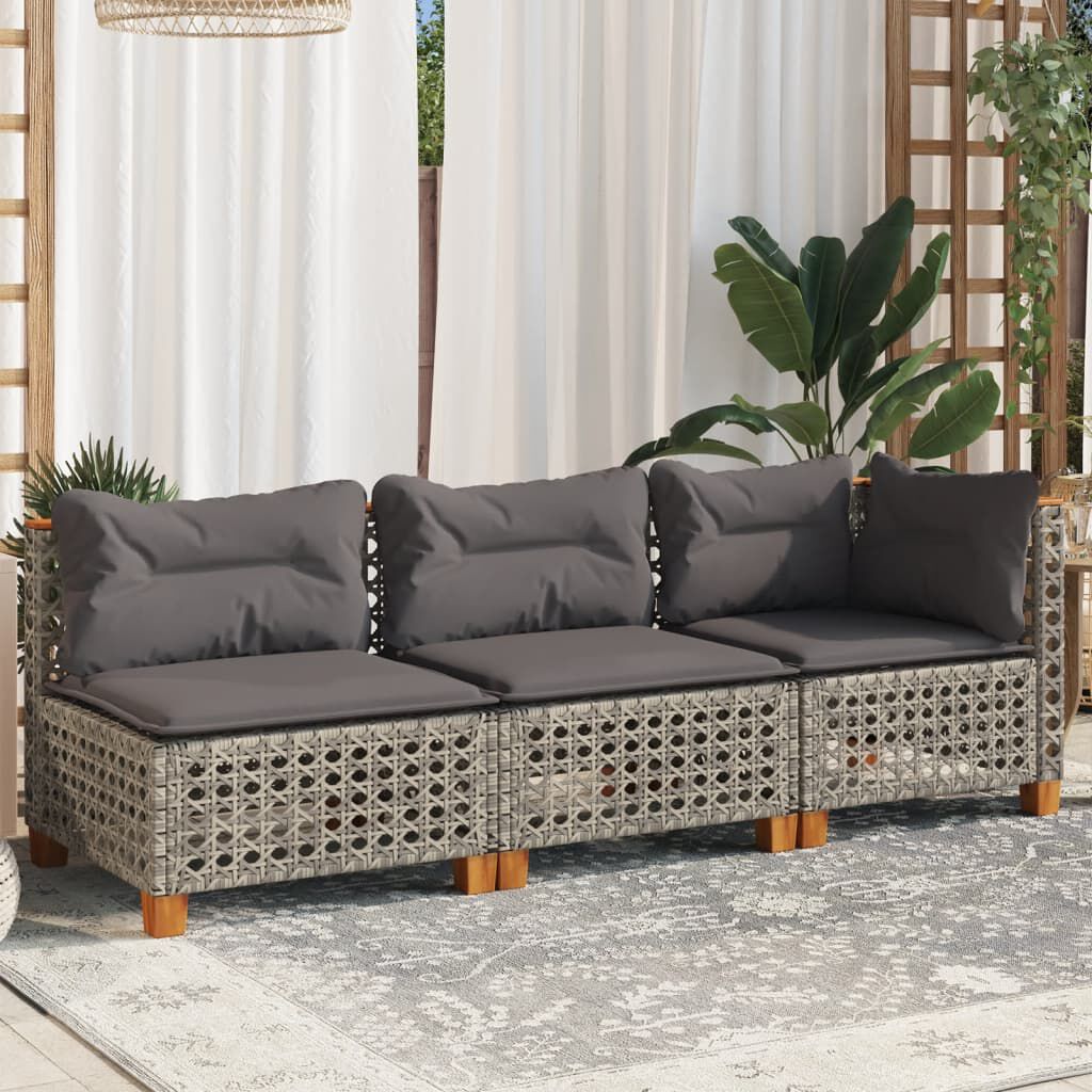 vidaXL Garden Sofa with Cushions 3-Seater Grey Poly Rattan