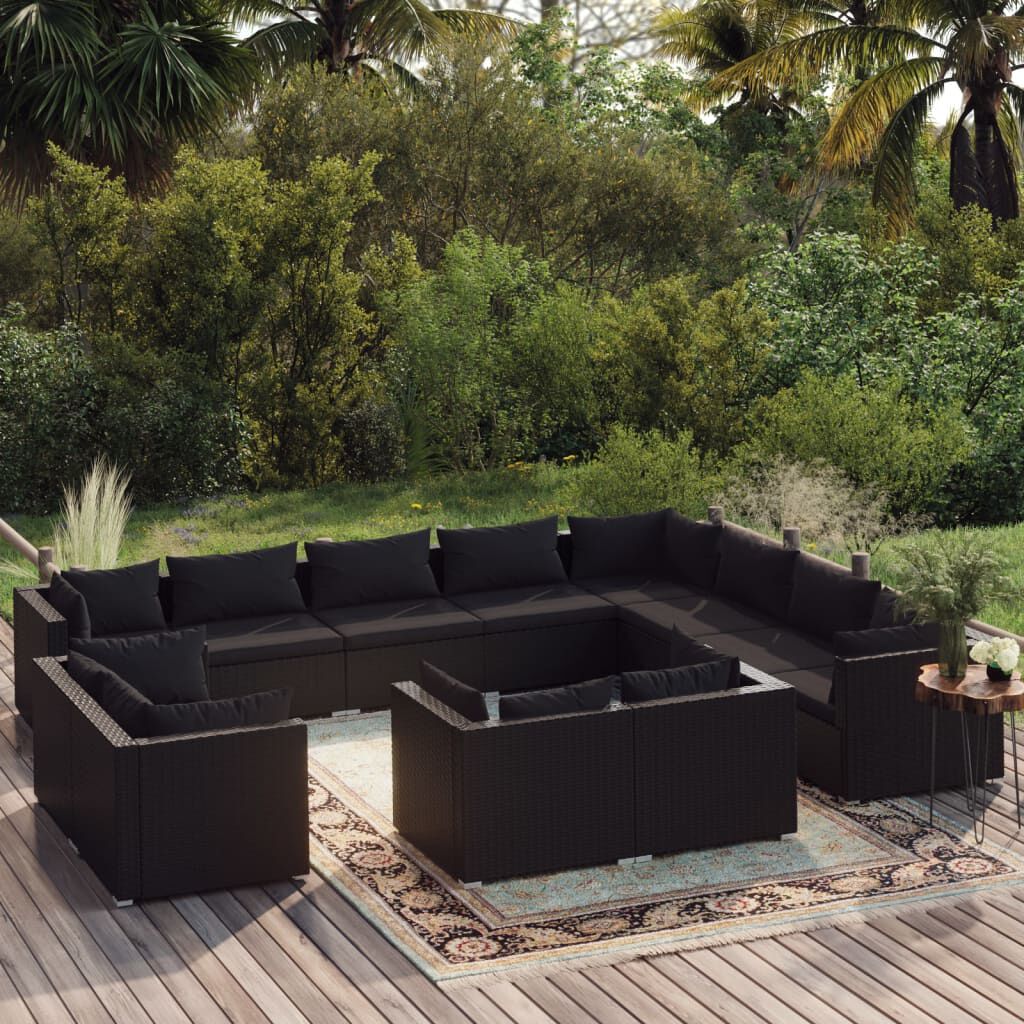 vidaXL 12 Piece Garden Lounge Set with Cushions Black Poly Rattan