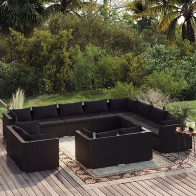 vidaXL 12 Piece Garden Lounge Set with Cushions Black Poly Rattan, black vidaXL 12 Piece Garden Lounge Set with Cushions Black Poly Rattan