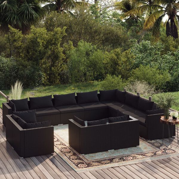 vidaXL 12 Piece Garden Lounge Set with Cushions Black Poly Rattan