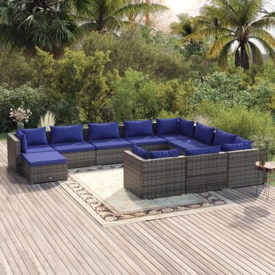 vidaXL 11 Piece Garden Lounge Set with Cushions Poly Rattan Grey, grey and blue vidaXL 11 Piece Garden Lounge Set with Cushions Poly Rattan Grey