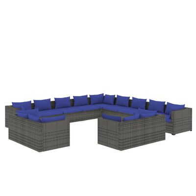 vidaXL 13 Piece Garden Lounge Set with Cushions Grey Poly Rattan, grey and dark blue vidaXL 13 Piece Garden Lounge Set with Cushions Grey Poly Rattan