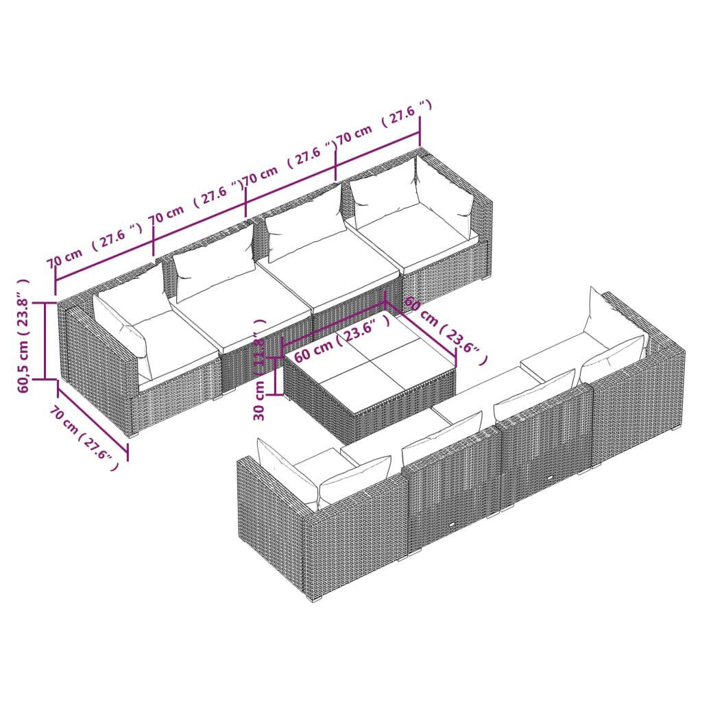 vidaXL 9 Piece Garden Lounge Set with Cushions Poly Rattan Grey
