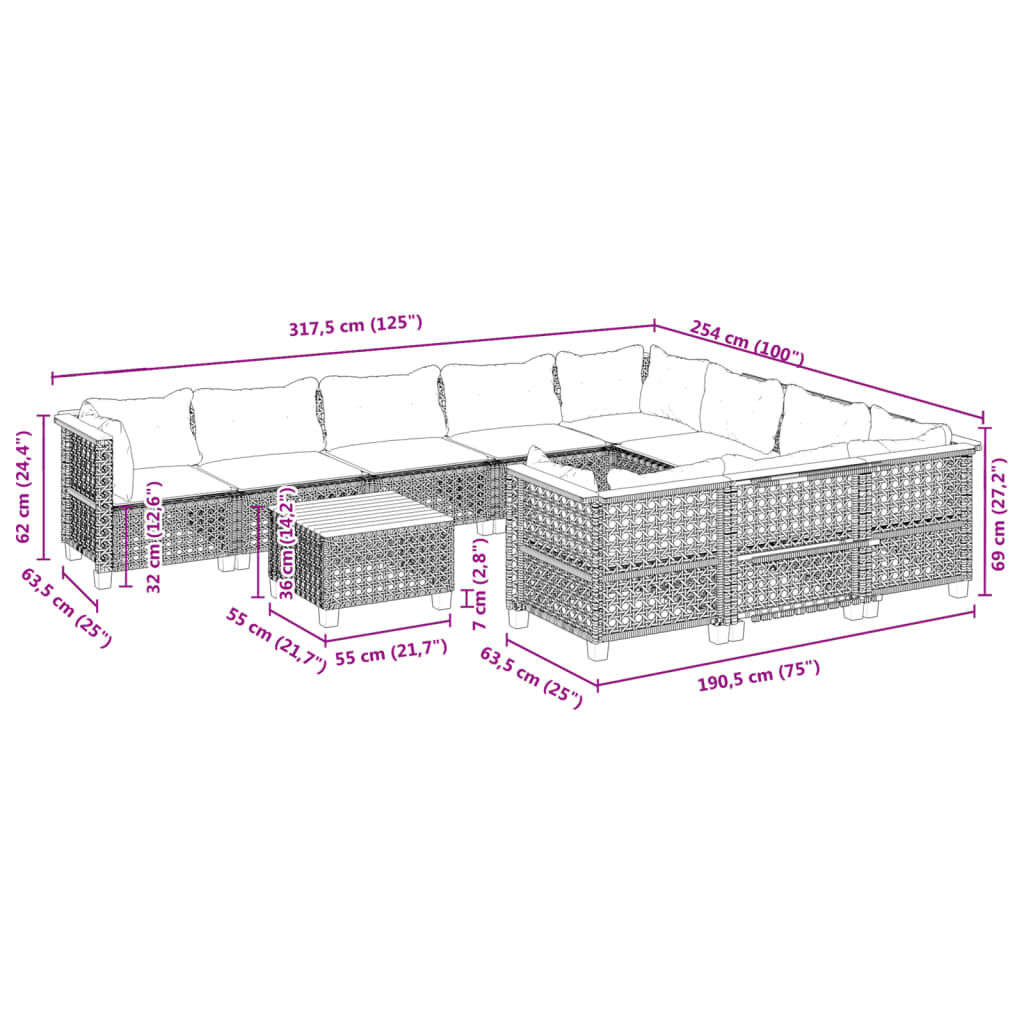 vidaXL 11 Piece Garden Sofa Set with Cushions Grey Poly Rattan