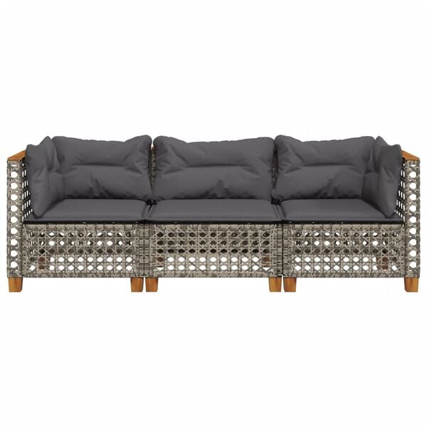vidaXL Garden Sofa with Cushions 3-Seater Grey Poly Rattan