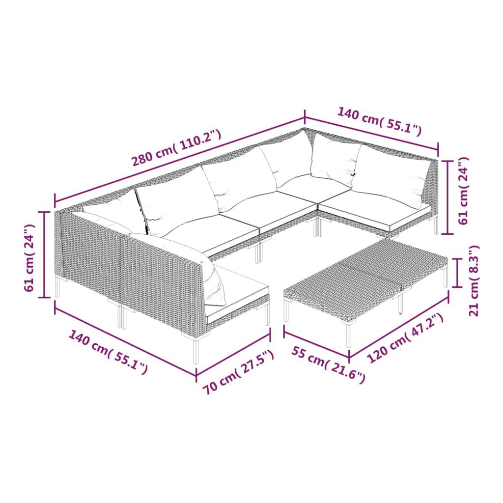 vidaXL 7 Piece Garden Lounge Set with Cushions Poly Rattan Dark Grey