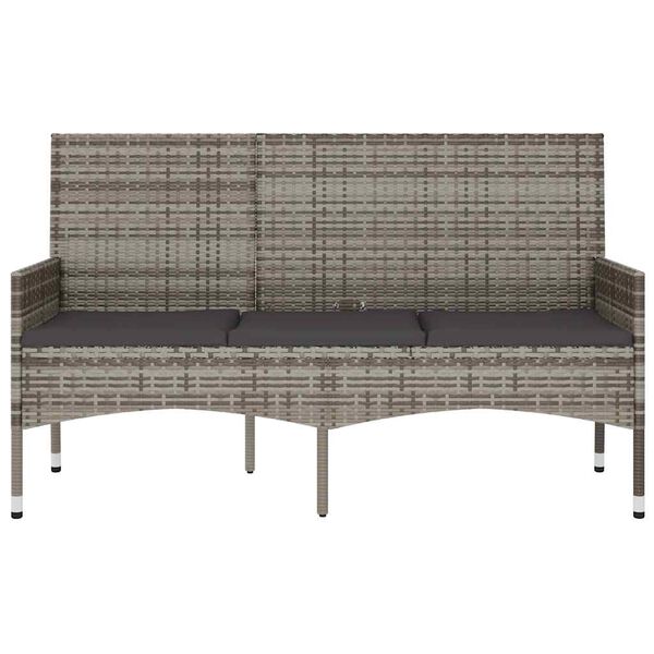 vidaXL 3-Seater Garden Bench with Cushions Grey Poly Rattan