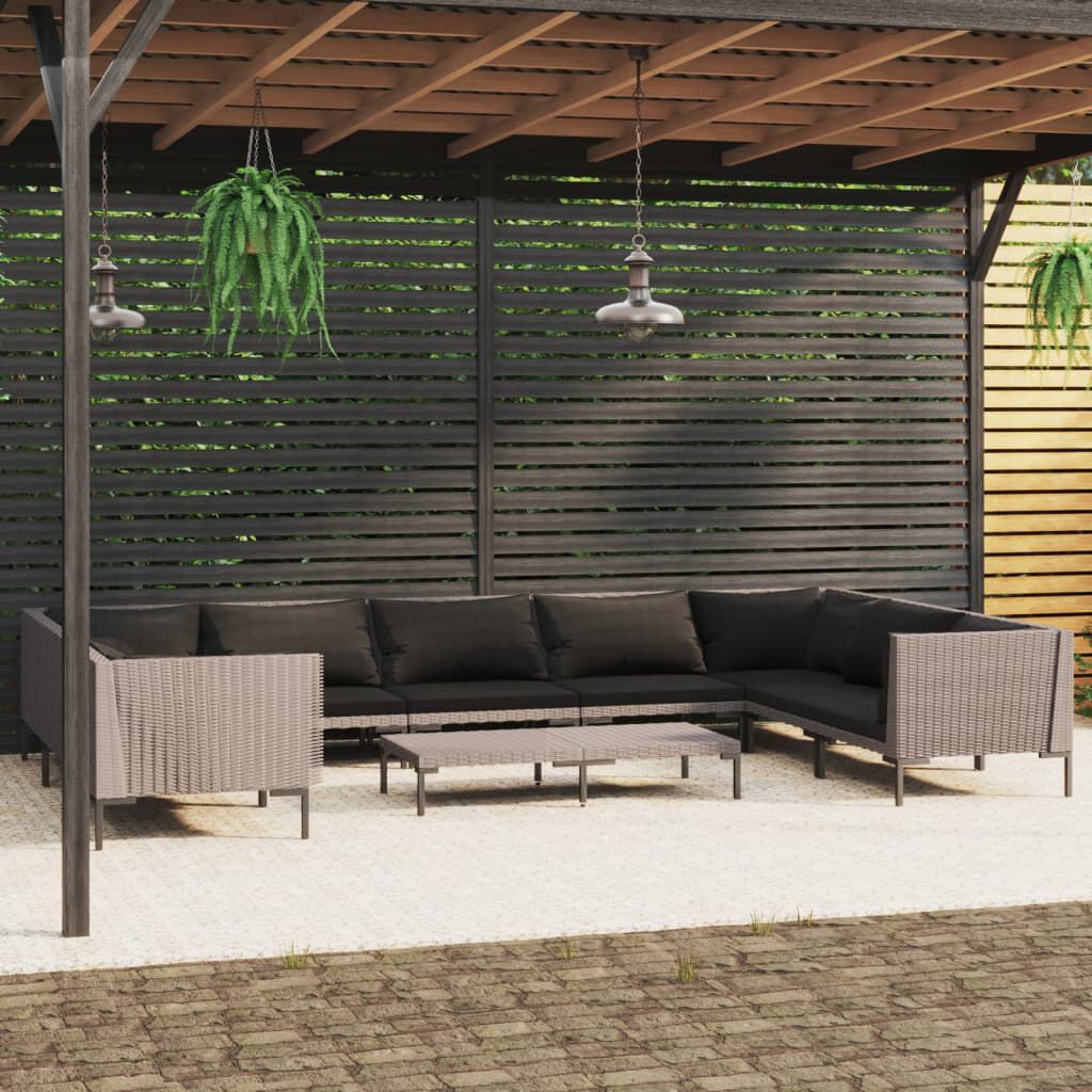 vidaXL 10 Piece Garden Lounge Set with Cushions Poly Rattan Dark Grey