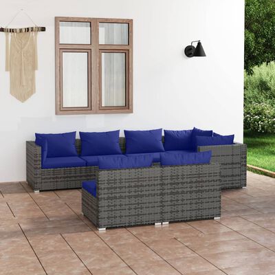 vidaXL 7 Piece Garden Lounge Set with Cushions Grey Poly Rattan, grey and dark blue vidaXL 7 Piece Garden Lounge Set with Cushions Grey Poly Rattan