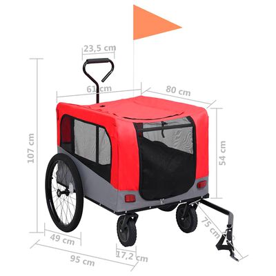 vidaXL 2-in-1 Pet Bike Trailer & Jogging Stroller Red and Grey, red and grey vidaXL 2-in-1 Pet Bike Trailer & Jogging Stroller Red and Grey