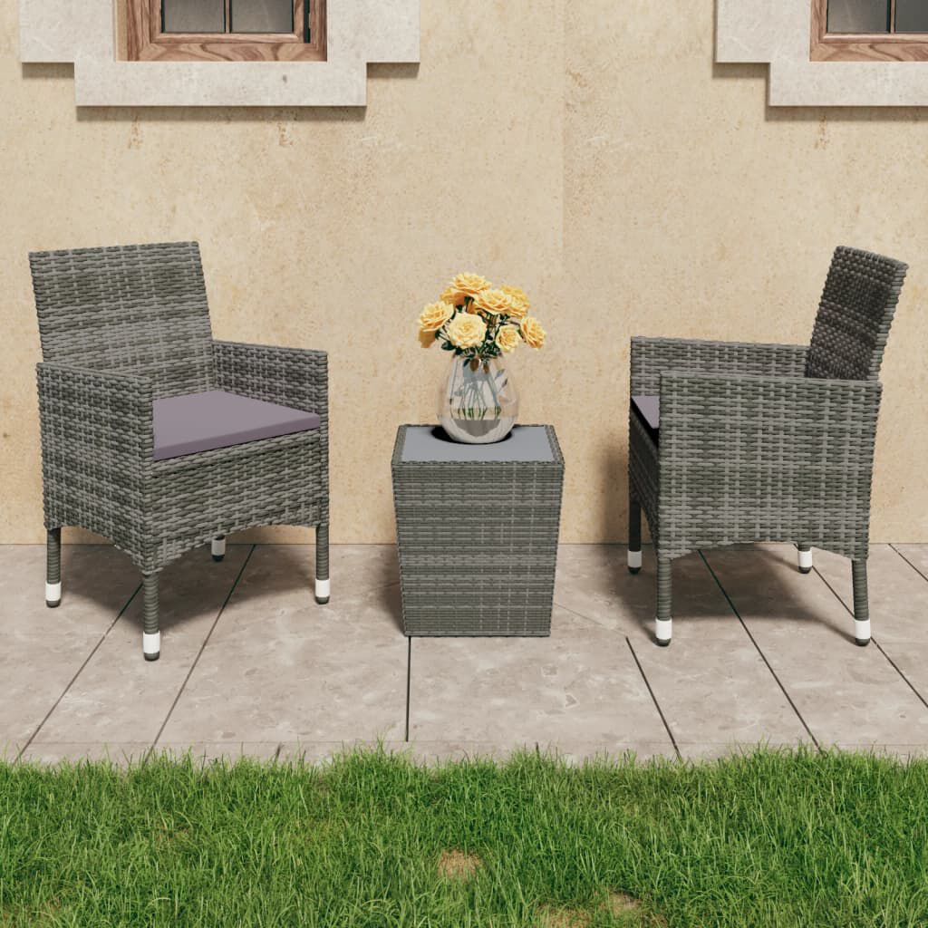vidaXL 3 Piece Bistro Set Poly Rattan and Tempered Glass Grey