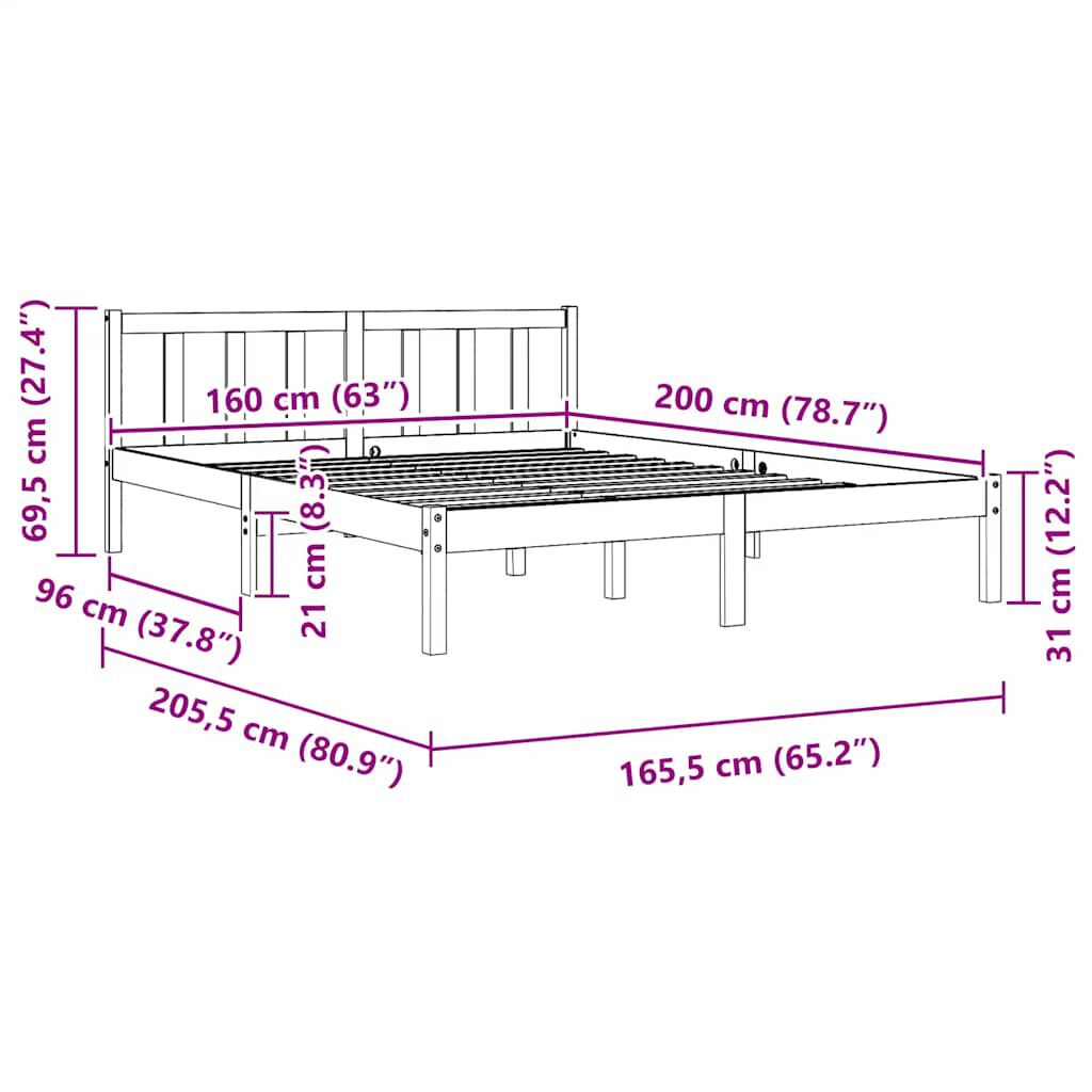 vidaXL Bed Frame without Mattress White Solid Wood 160x200 cm