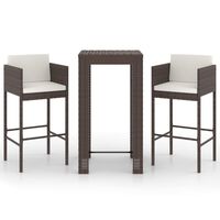 vidaXL 3 Piece Garden Bar Set with Cushions Poly Rattan Brown