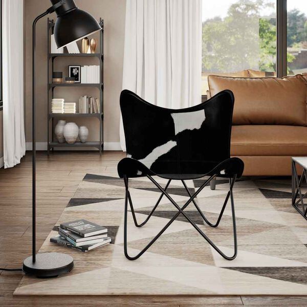 vidaXL Butterfly Chair Black and White Real Cowhide Leather