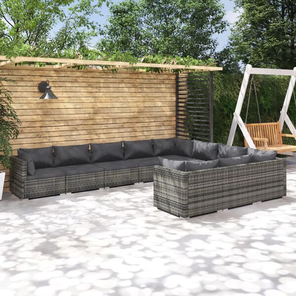 vidaXL 10 Piece Garden Lounge Set with Cushions Poly Rattan Grey