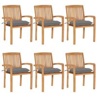 vidaXL Stacking Garden Chairs with Cushions 6 pcs Solid Teak Wood, grey vidaXL Stacking Garden Chairs with Cushions 6 pcs Solid Teak Wood
